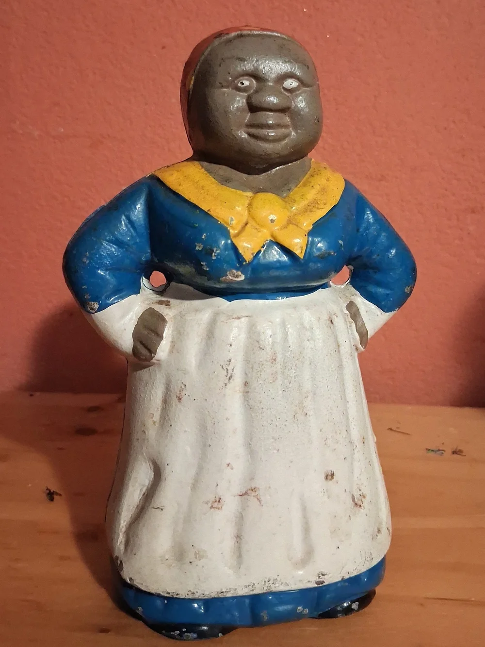 Unknown Blue, White & Yellow Cast Iron Kitchen Lady Figurine Approximately 8